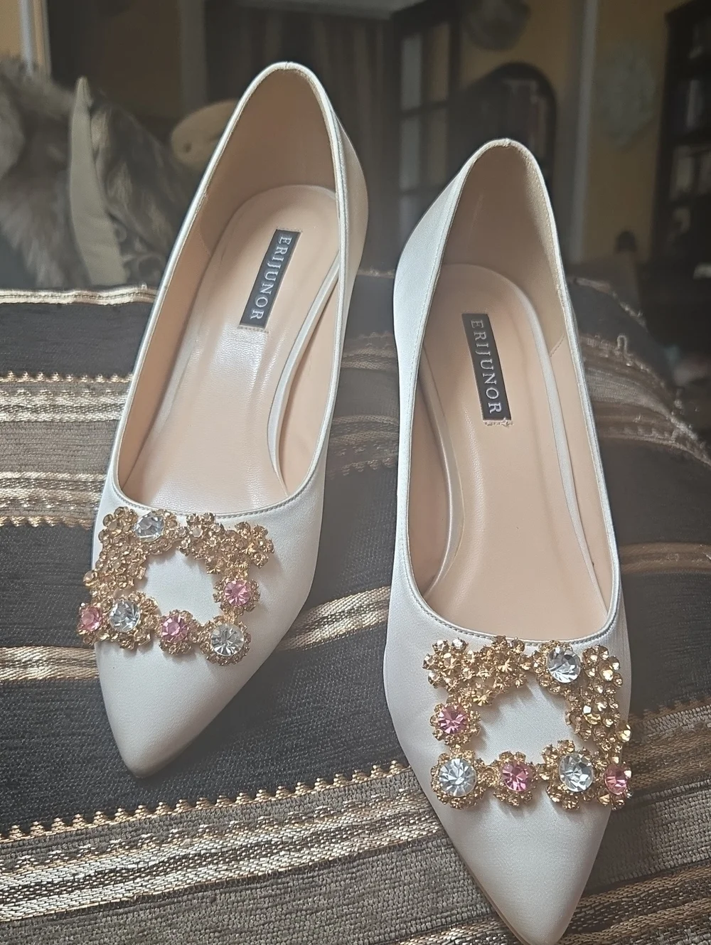 Soft Cream Satin Pointed Toe Low Heel Flats with Gold & Pink Crystal Buckle